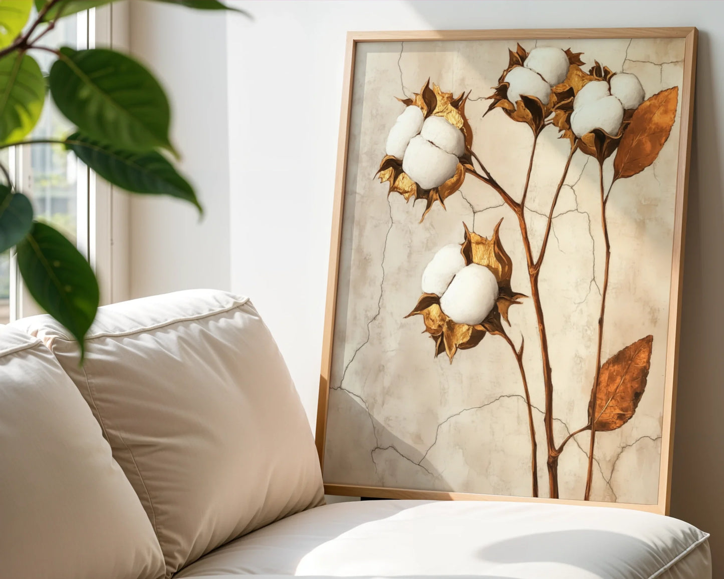 Cotton Boll Botanical Art Golden Decay in room