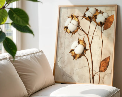 Cotton Boll Botanical Art Golden Decay in room