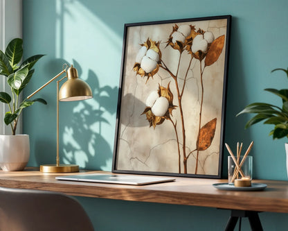 Cotton Boll Botanical Art Golden Decay in room