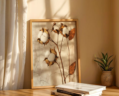 Cotton Boll Botanical Art Golden Decay Canvas Wall Art — Distressed canvas artwork depicting aged cotton blooms with exposed white fibers in weathered bronze tones