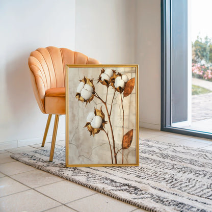 Cotton Boll Botanical Art Golden Decay Canvas Wall Art — Mixed-style home decor canvas showing golden cotton stalks with opened seed pods in earthy palette