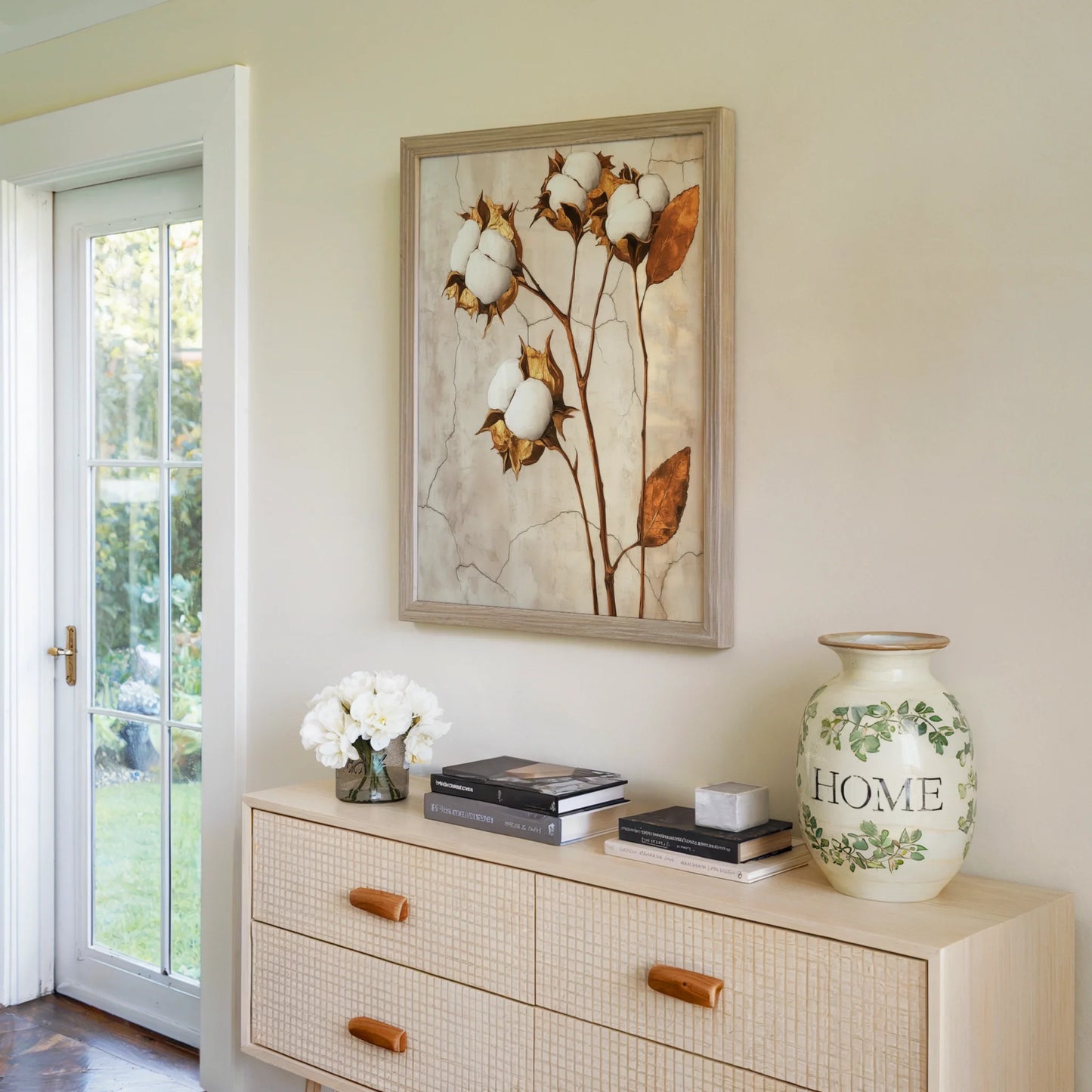 Cotton Boll Botanical Art Golden Decay Canvas Wall Art — Vanilla cream and amber honey tones blend across textured canvas showing three cotton plant specimens
