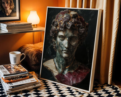 Broken Classical Statue Art Gold Veins Canvas Wall Art — Atmospheric canvas print showing aged stone portrait with rich patina for sophisticated decor
