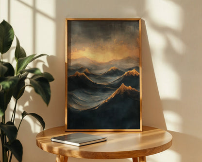Mountain Landscape Oil Painting Storm Light Canvas Wall Art — Sleek canvas print featuring craggy summits bathed in warm twilight perfect for modern interior design