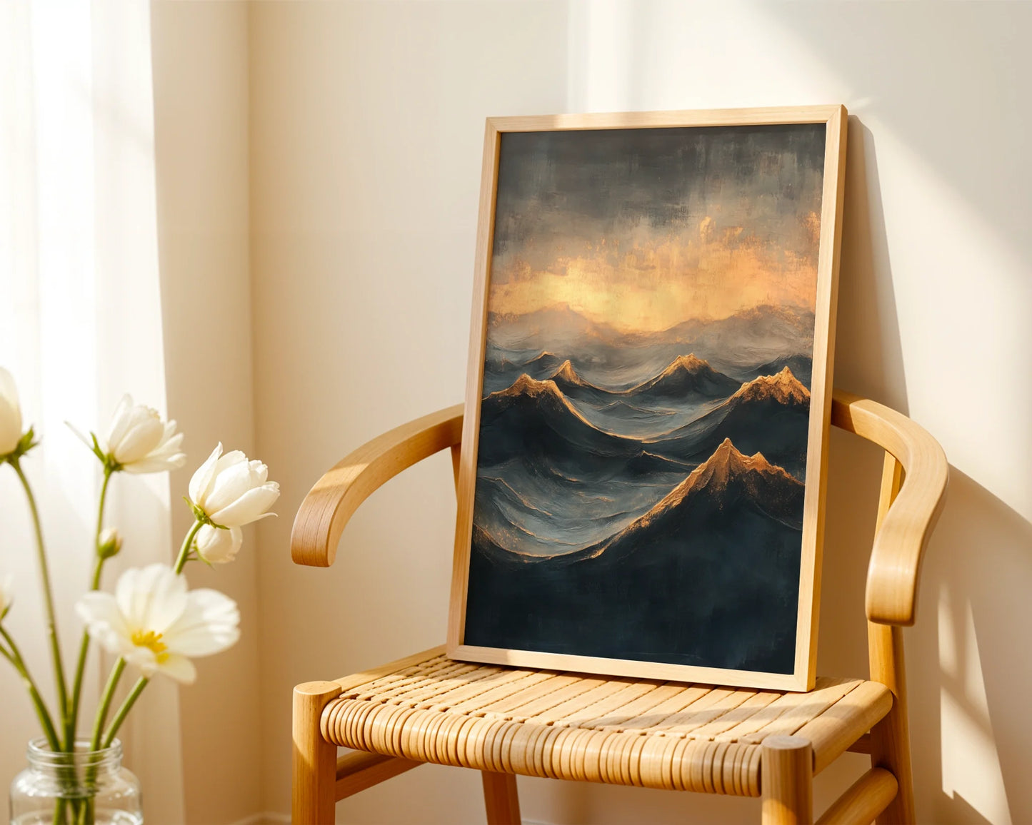 Mountain Landscape Oil Painting Storm Light Canvas Wall Art — Industrial wall decor showcasing rugged terrain emerging from atmospheric haze in neutral color scheme