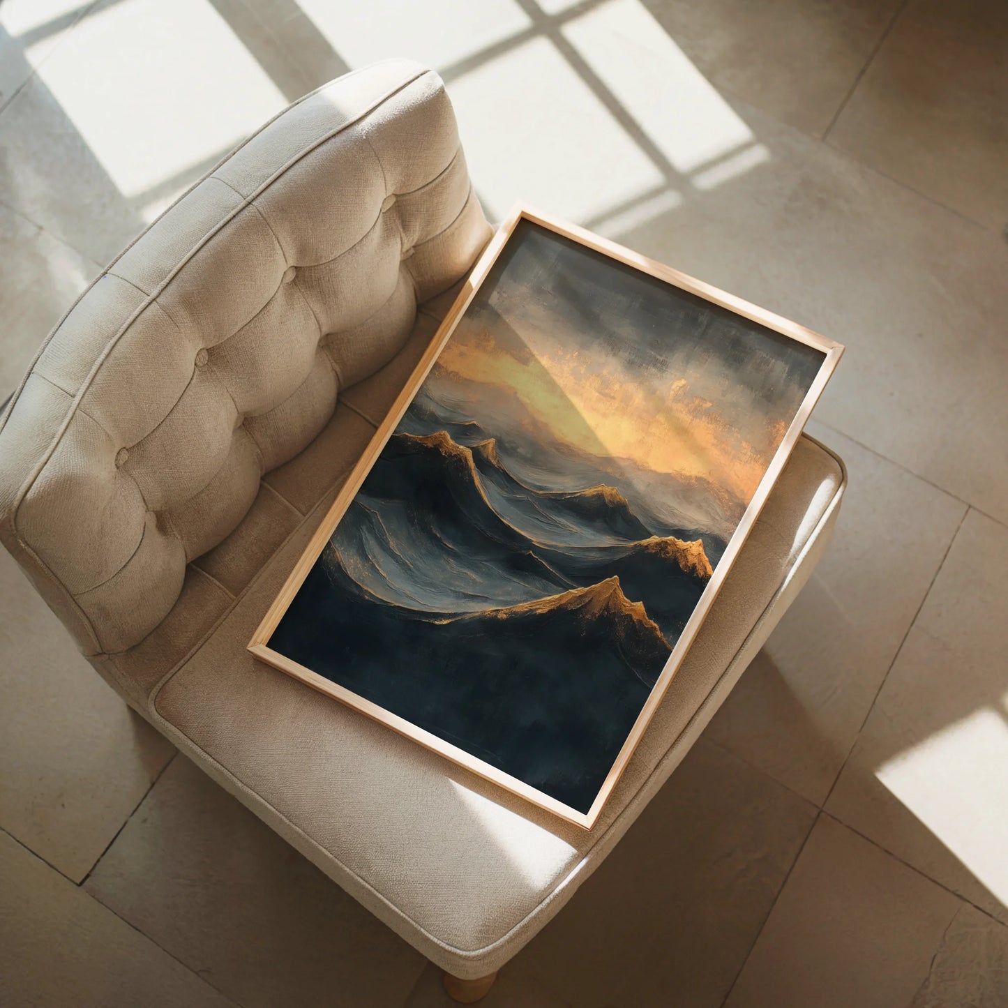 Mountain Landscape Oil Painting Storm Light Canvas Wall Art — Clean-lined landscape print showing weathered crests rising through cloudy depths for modern decor