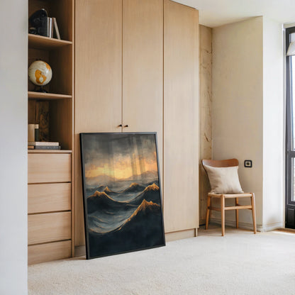 Mountain Landscape Oil Painting Storm Light Canvas Wall Art — Rich honey tones blend with deep charcoal in textured canvas showing volcanic terrain and misty horizons