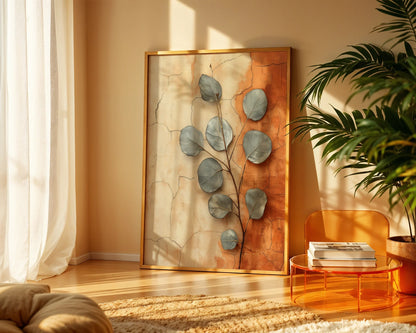 Eucalyptus Wall Art Boho Cracked Terracotta Canvas Print — Bohemian canvas showcasing silvered foliage breaking through crumbling wall texture for eclectic interiors
