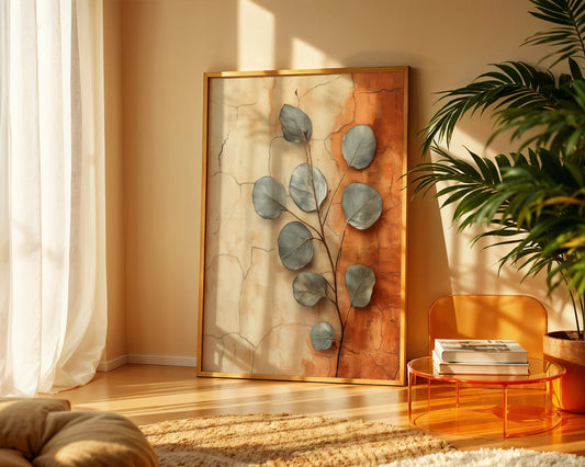 Eucalyptus Wall Art Boho Cracked Terracotta Canvas Print — Bohemian canvas showcasing silvered foliage breaking through crumbling wall texture for eclectic interiors