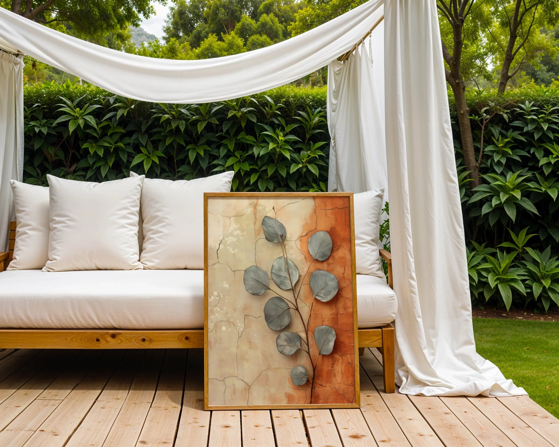 Eucalyptus Wall Art Boho Cracked Terracotta Canvas Print — Organic canvas displaying nature reclaiming ancient surfaces in textured earth tones for rustic spaces