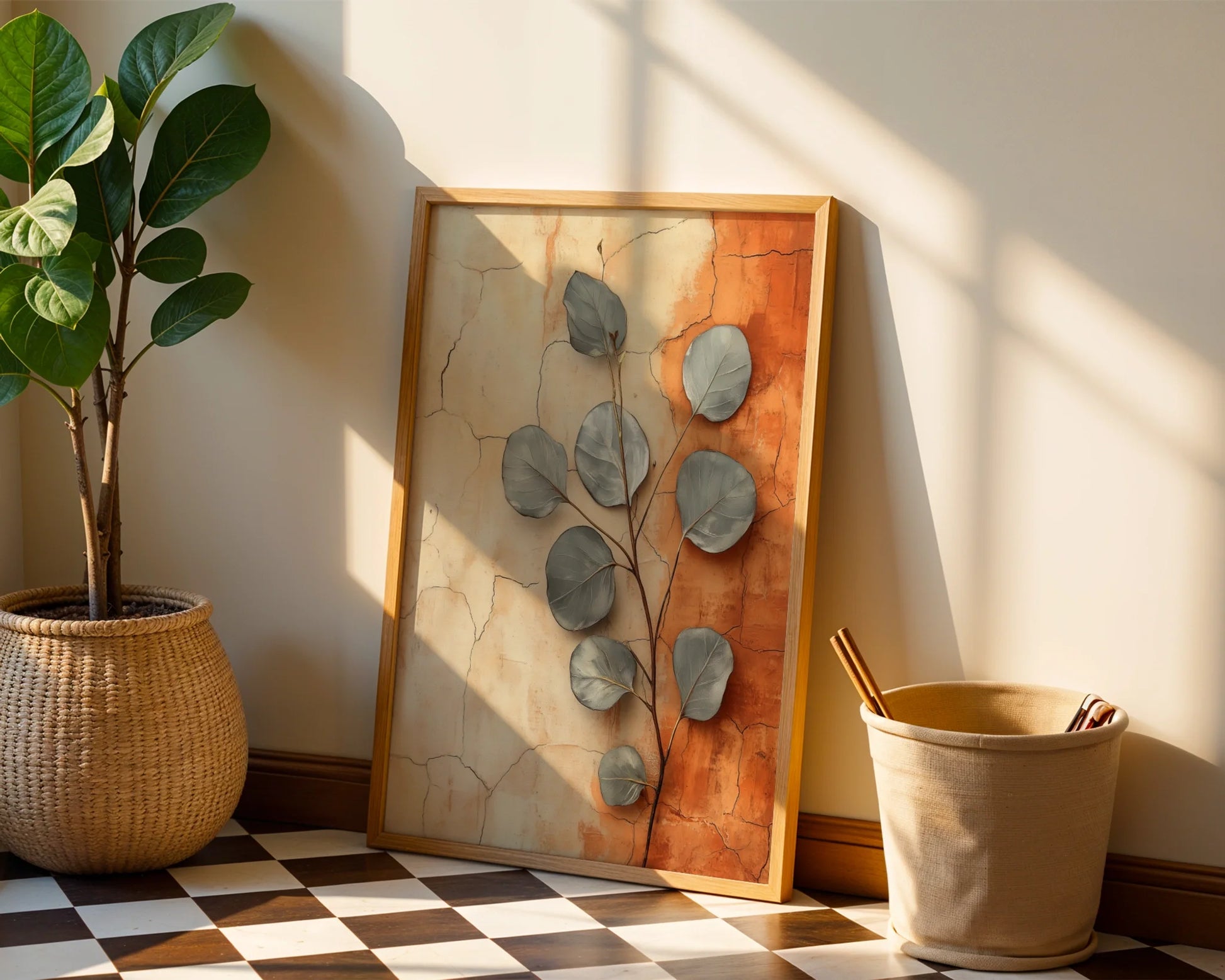 Eucalyptus Wall Art Boho Cracked Terracotta Canvas Print — Mixed-media inspired print showing plant life emerging from fractured architecture for eclectic decor