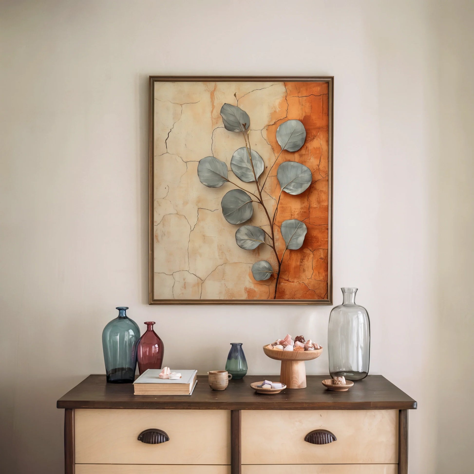 Eucalyptus Wall Art Boho Cracked Terracotta Canvas Print — Burnt sienna and cream canvas with silver-green foliage breaking through rough textured surface