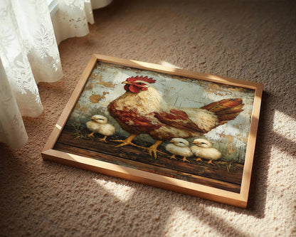Farmhouse Hen Chicks Protective Mother Wings Canvas Wall Art — Pastoral artwork showcasing gentle bird nurturing babies on weathered wood backdrop for cottage style homes