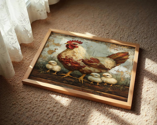 Farmhouse Hen Chicks Protective Mother Wings Canvas Wall Art — Pastoral artwork showcasing gentle bird nurturing babies on weathered wood backdrop for cottage style homes