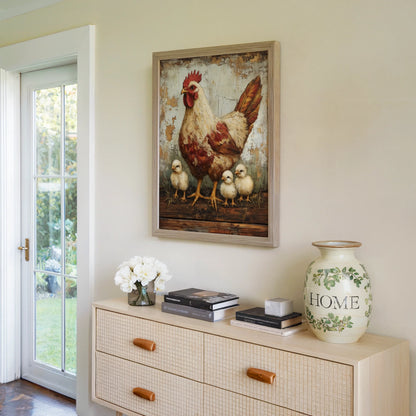 Farmhouse Hen Chicks Protective Mother Wings Canvas Wall Art — Rich coffee brown and ivory tones create textured canvas art with coral highlights for warm home styling