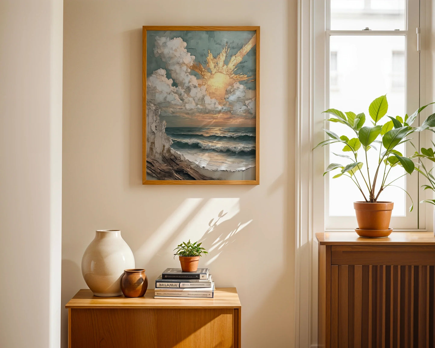 Coastal Storm Painting Textured Sunbeams Canvas Wall Art — Modern bedroom styled with large oceanfront canvas displaying rugged shoreline morning light scene