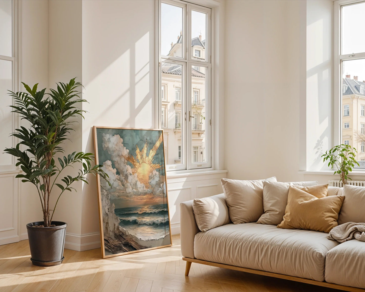 Coastal Storm Painting Textured Sunbeams Canvas Wall Art — Minimalist home interior showcasing maritime artwork with windswept cliffs and breaking dawn details