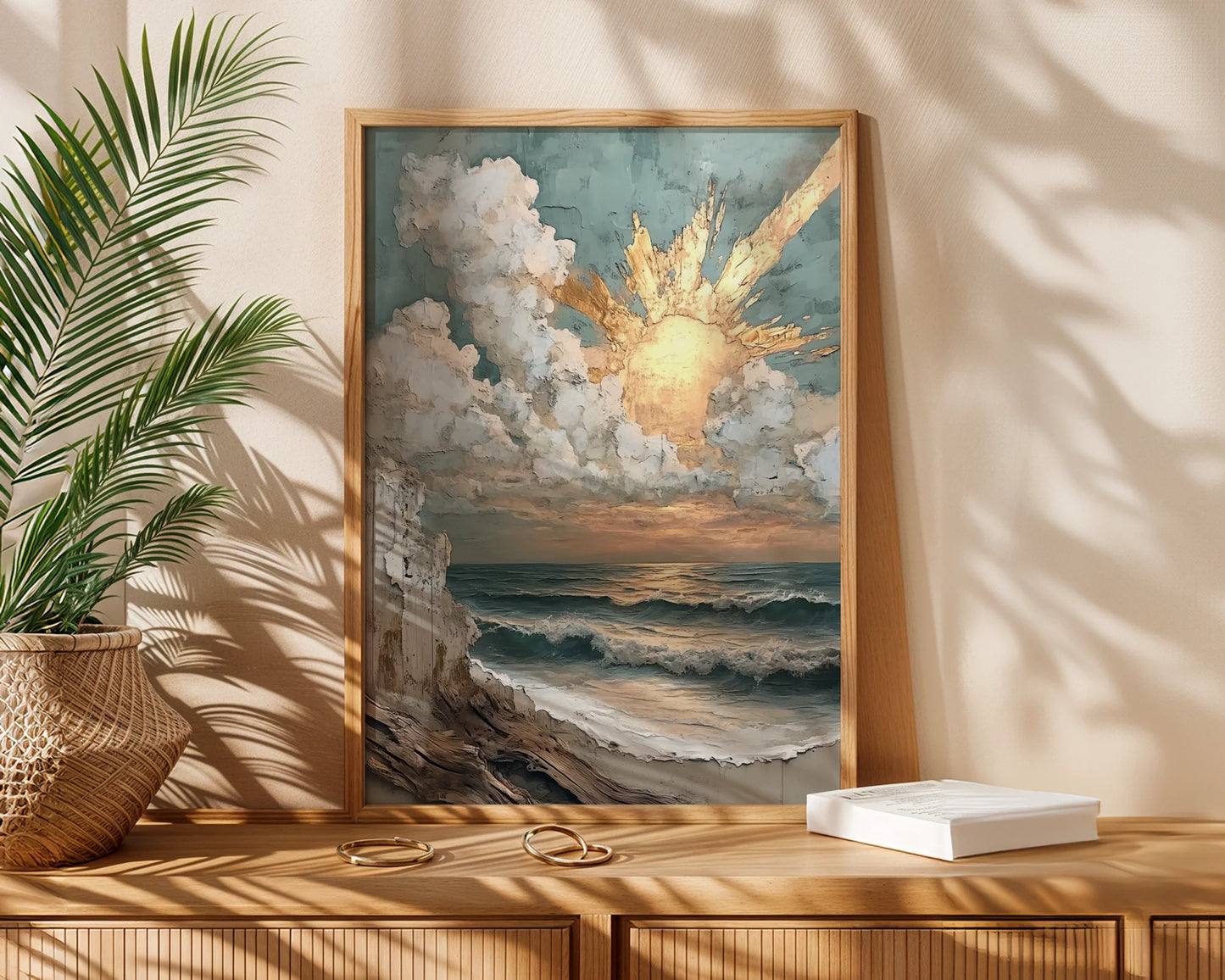 Coastal Storm Painting Textured Sunbeams in room