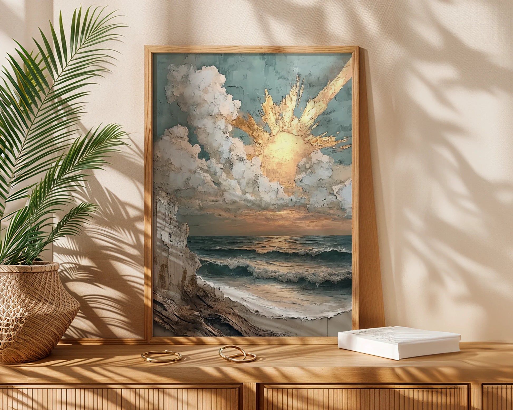 Coastal Storm Painting Textured Sunbeams in room