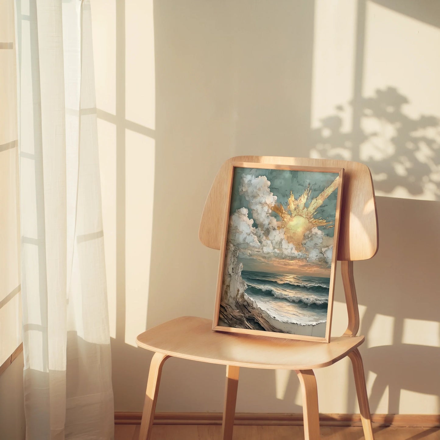 Coastal Storm Painting Textured Sunbeams Canvas Wall Art — Transitional decor enhanced by framed seaside vista showing jagged coastline bathed in early sunlight