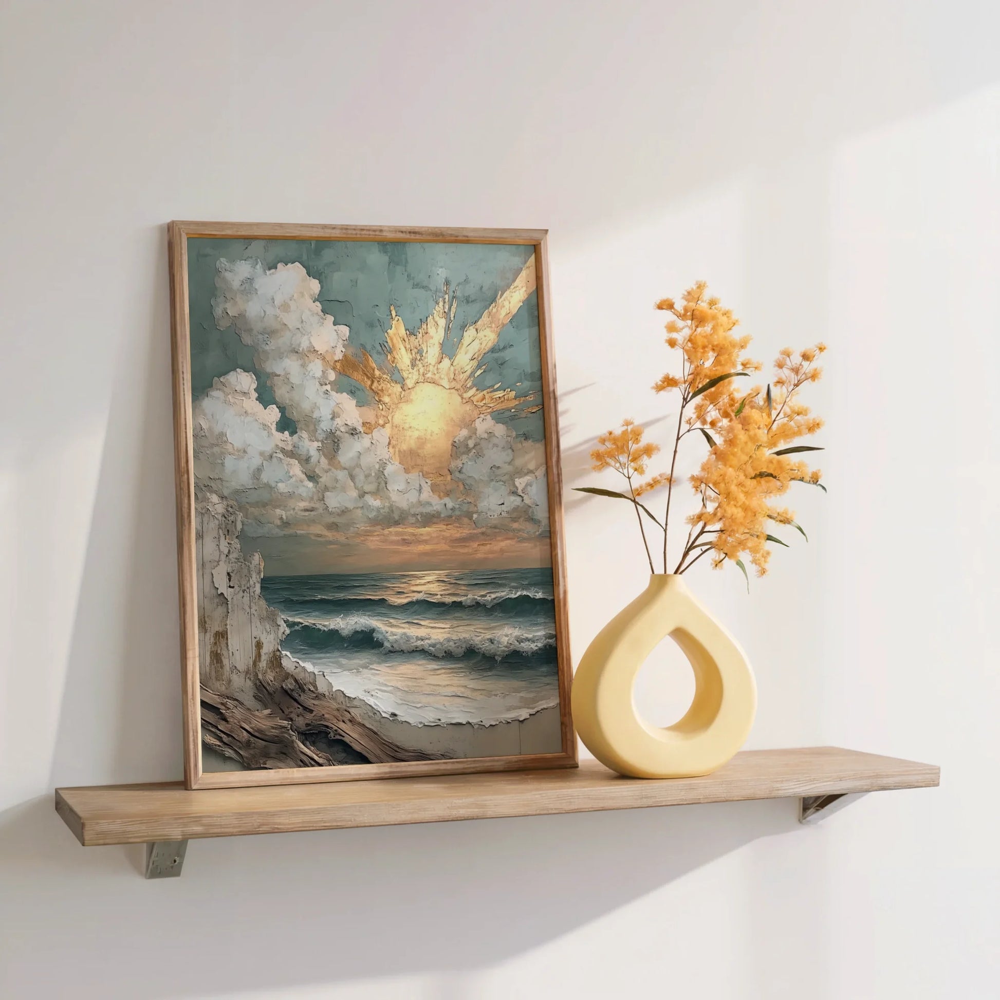 Coastal Storm Painting Textured Sunbeams Canvas Wall Art — Sage green and cream toned canvas artwork with raised paint texture creating tactile coastal scene