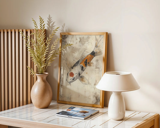 Japanese Koi Painting Orange Scales Storm Waters Canvas Art — Serene fish artwork displayed in contemporary neutral interior with clean lines and natural textures