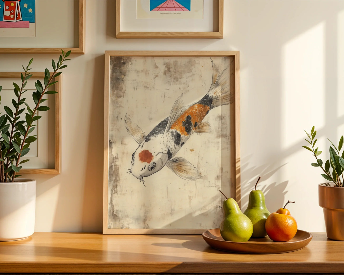 Japanese Koi Painting Orange Scales Storm Waters Canvas Art — Aged Eastern carp illustration mounted on cream wall showcasing rustic weathered finish
