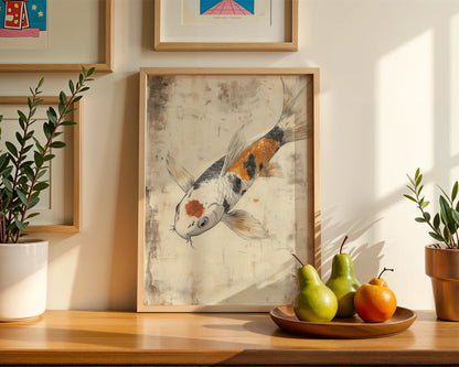 Japanese Koi Painting Orange Scales Storm Waters Canvas Art — Aged Eastern carp illustration mounted on cream wall showcasing rustic weathered finish