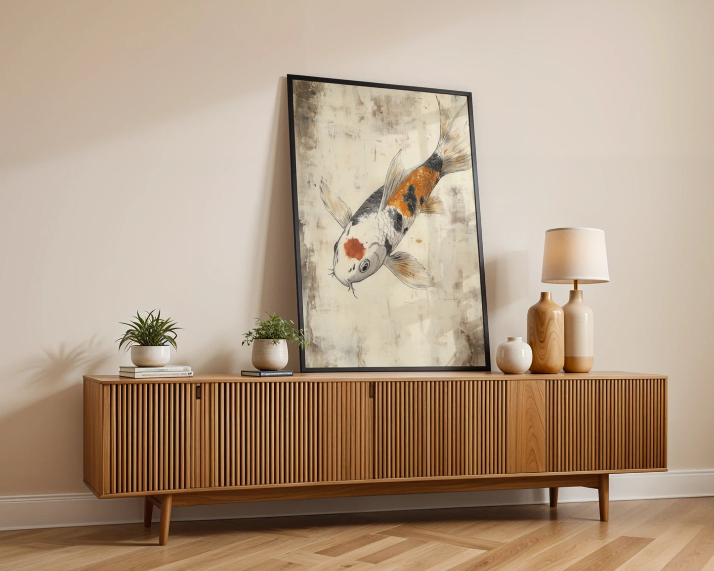 Japanese Koi Painting Orange Scales Storm Waters Canvas Art — Distressed aquatic creature print hanging in peaceful minimalist space with organic elements