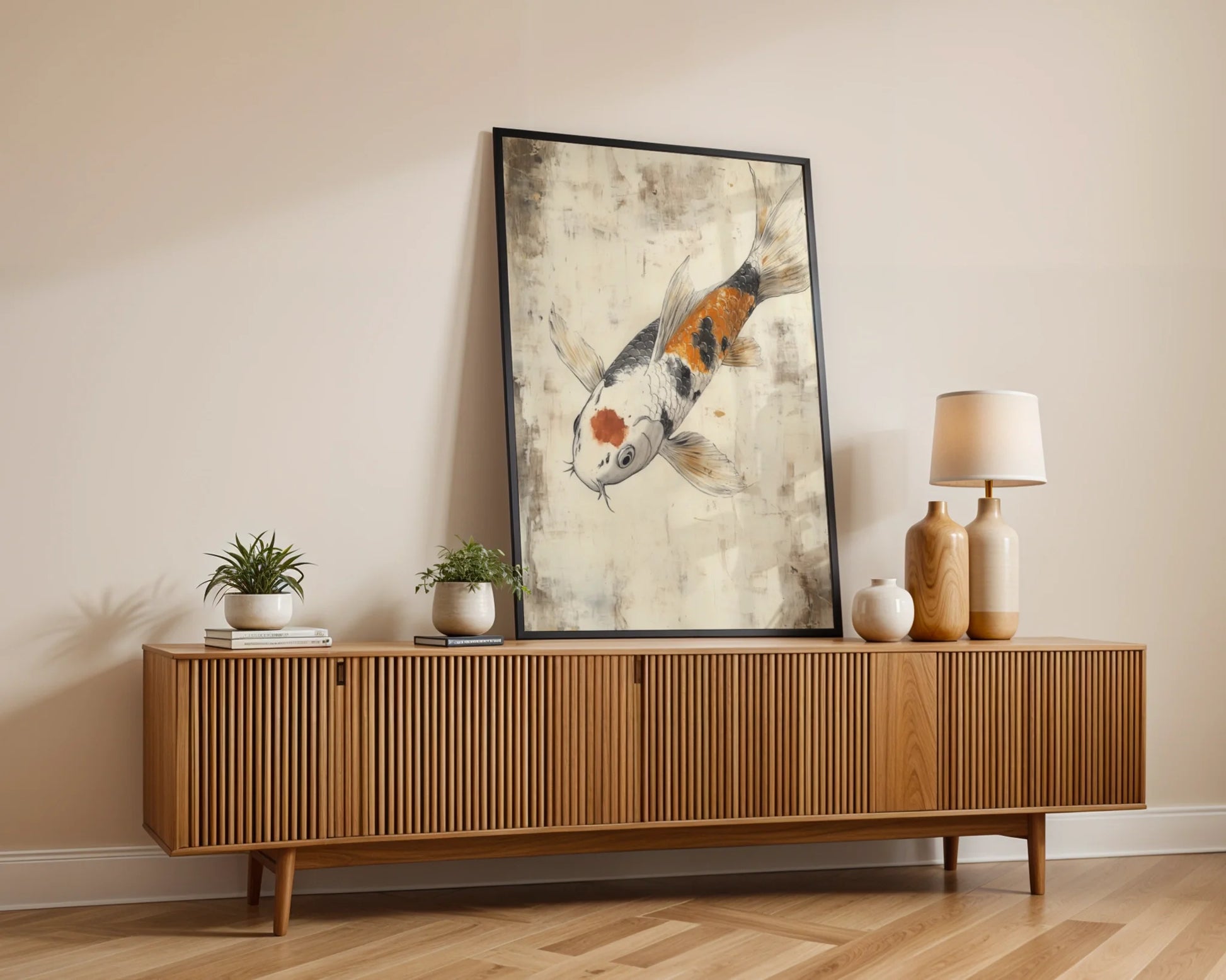 Japanese Koi Painting Orange Scales Storm Waters Canvas Art — Distressed aquatic creature print hanging in peaceful minimalist space with organic elements