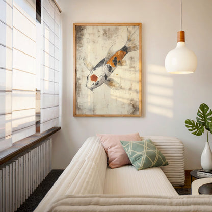 Japanese Koi Painting Orange Scales Storm Waters Canvas Art — Classic carp artwork positioned in tranquil room setting with bamboo and natural accents