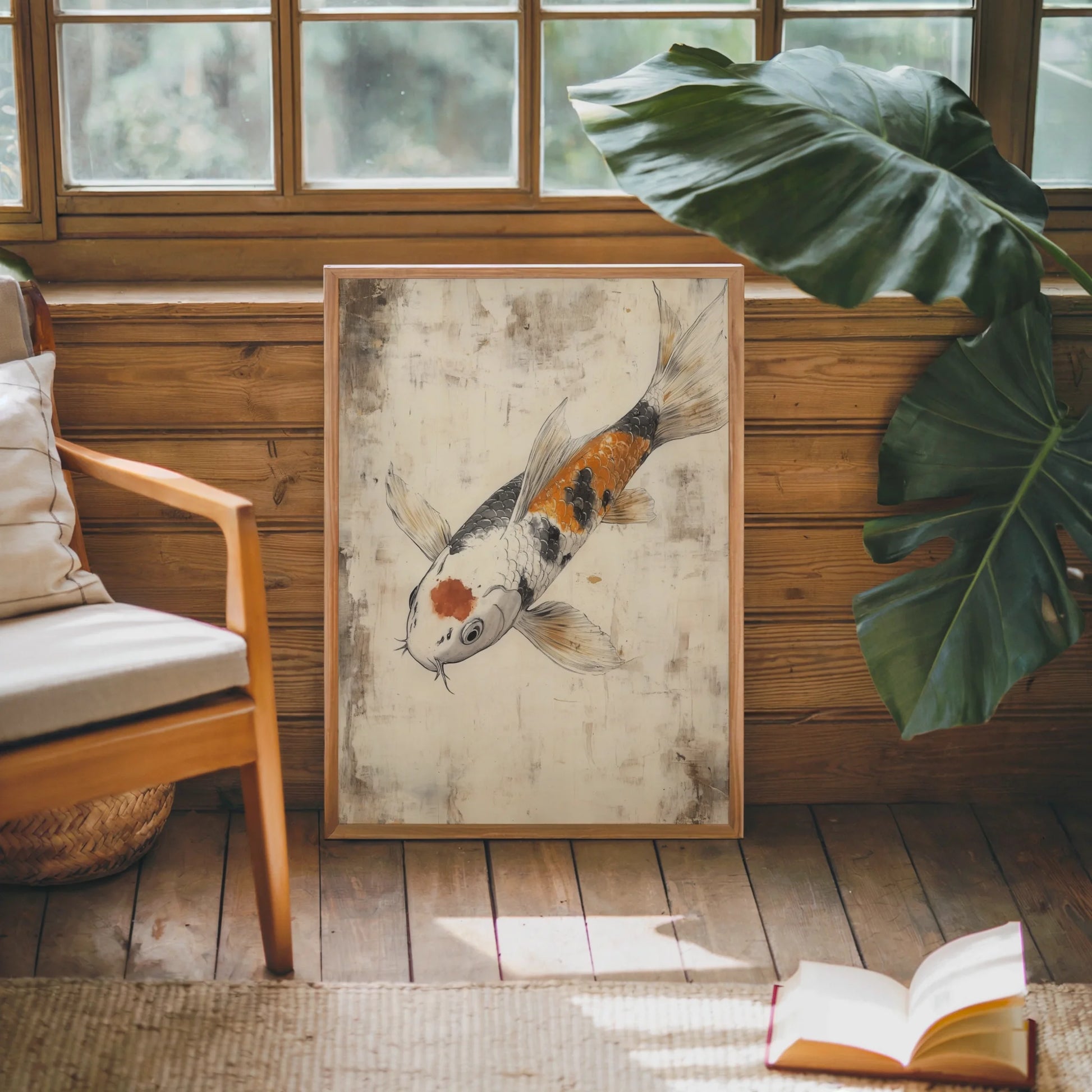 Japanese Koi Painting Orange Scales Storm Waters Canvas Art — Rich copper-toned fish print with deep charcoal background creating dramatic contrast on wall