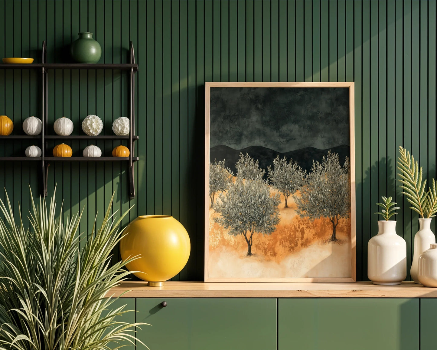 Mediterranean Olive Grove Amber Storm Peaks Canvas Wall Art — Contemporary canvas showcasing weathered olive trees beneath moody skies for minimalist home decor