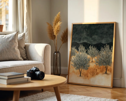 Mediterranean Olive Grove Amber Storm Peaks Canvas Wall Art — Elegant landscape artwork featuring ancient groves and dramatic mountain peaks in modern living space