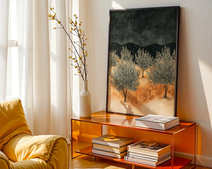 Mediterranean Olive Grove Amber Storm Peaks Canvas Wall Art — Rustic canvas print displaying Italian countryside charm perfect for contemporary farmhouse styling