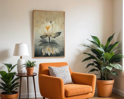 Lotus Painting with Reflection Japandi in room