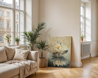 Lotus Painting with Reflection Japandi in room