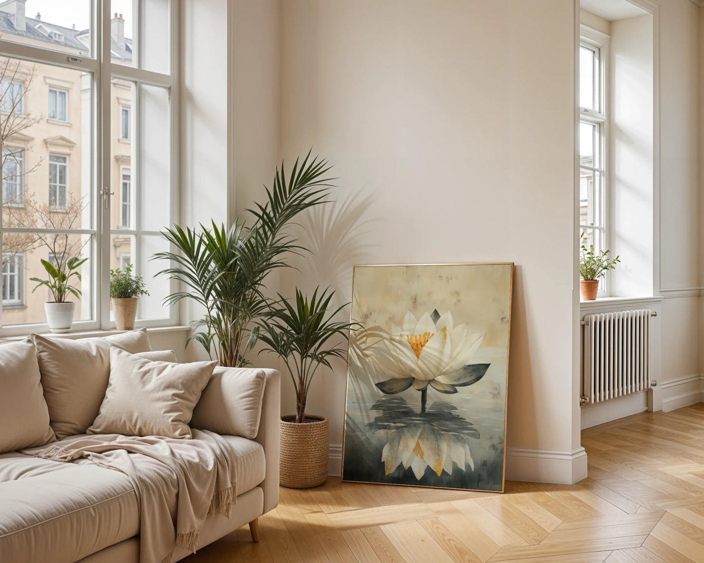 Lotus Painting with Reflection Japandi in room