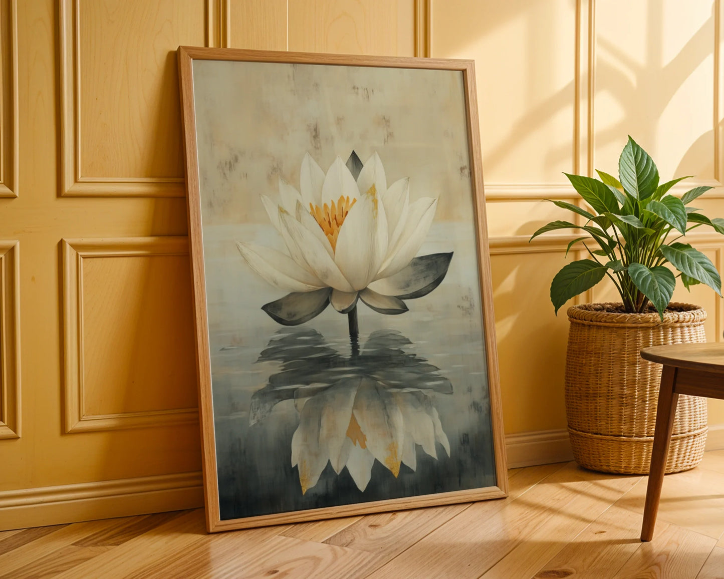 Lotus Painting with Reflection Japandi in room