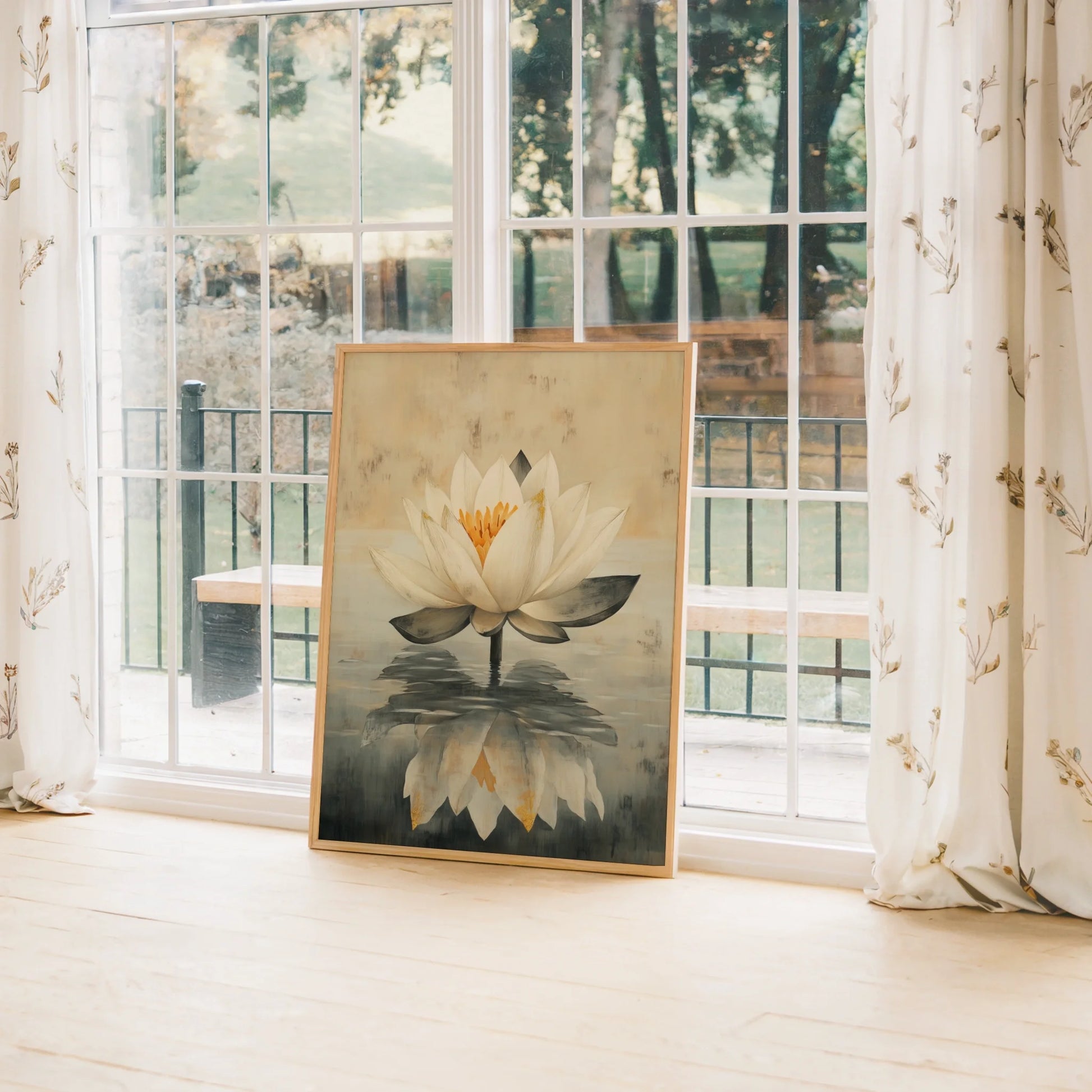Lotus Painting with Reflection Japandi in room