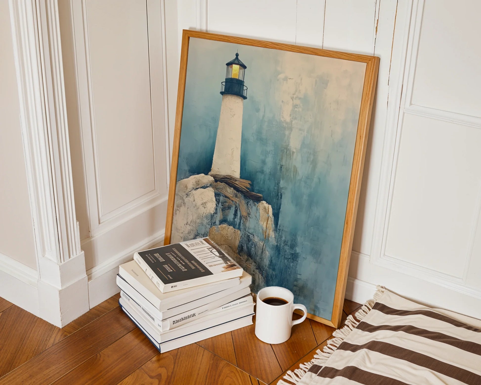 Lighthouse Painting Storm Cliffs Golden Beacon Canvas Wall Art — Rustic canvas showcasing towering sentinel amid crashing waves for farmhouse inspired interiors
