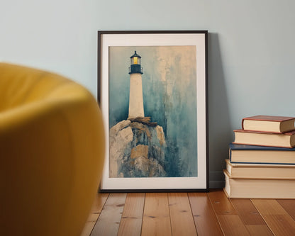 Lighthouse Painting Storm Cliffs Golden Beacon in room