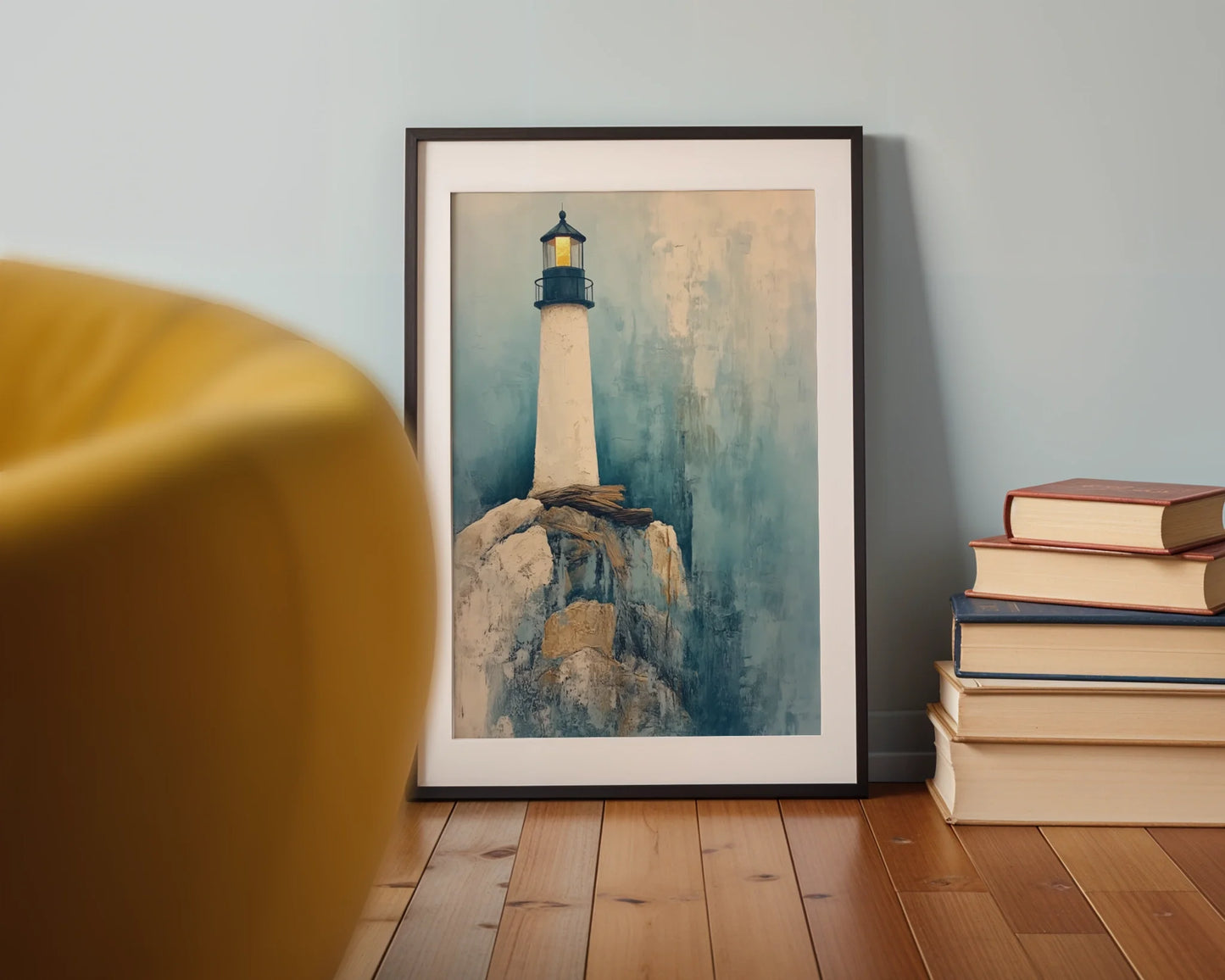 Lighthouse Painting Storm Cliffs Golden Beacon in room