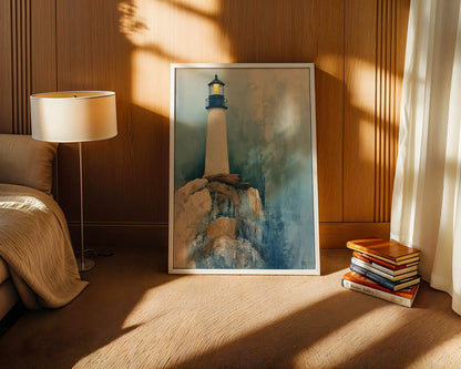 Lighthouse Painting Storm Cliffs Golden Beacon Canvas Wall Art — Seafaring inspired canvas displaying rugged coastline tower for nautical styled home decor