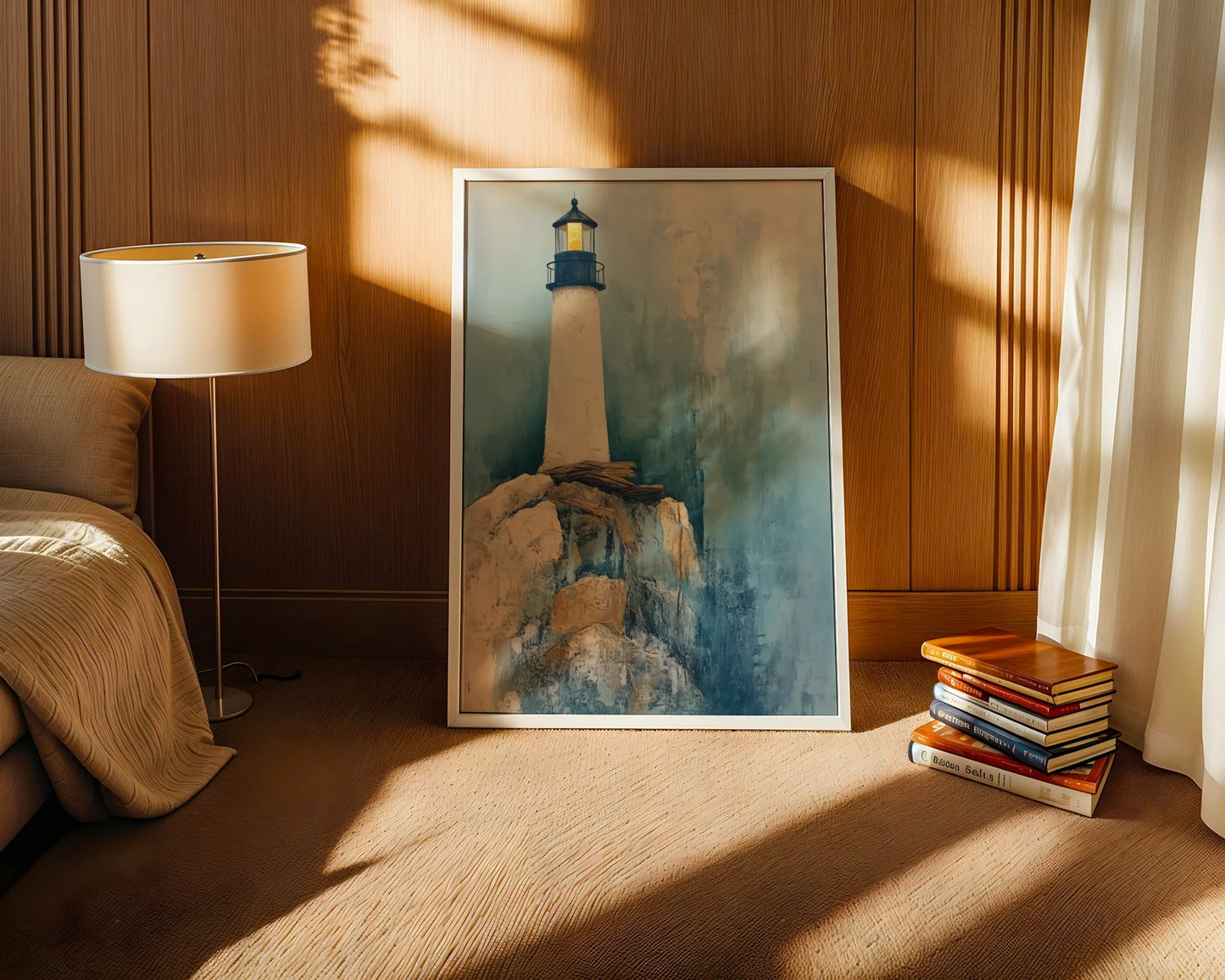 Lighthouse Painting Storm Cliffs Golden Beacon in room