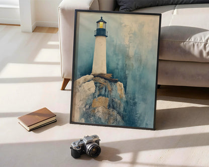 Lighthouse Painting Storm Cliffs Golden Beacon Canvas Wall Art — Ocean themed wall art showing turbulent waters and clifftop structure for maritime interiors