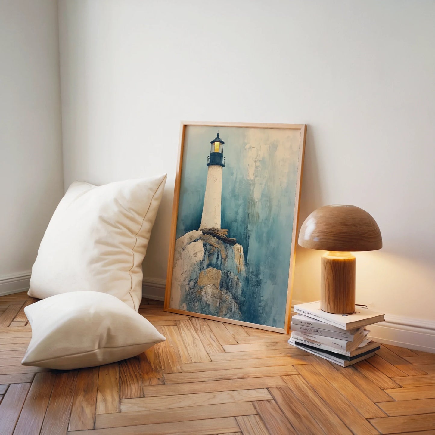 Lighthouse Painting Storm Cliffs Golden Beacon Canvas Wall Art — Antique style canvas depicting windswept rocky outcrop and guiding tower for vintage home styling