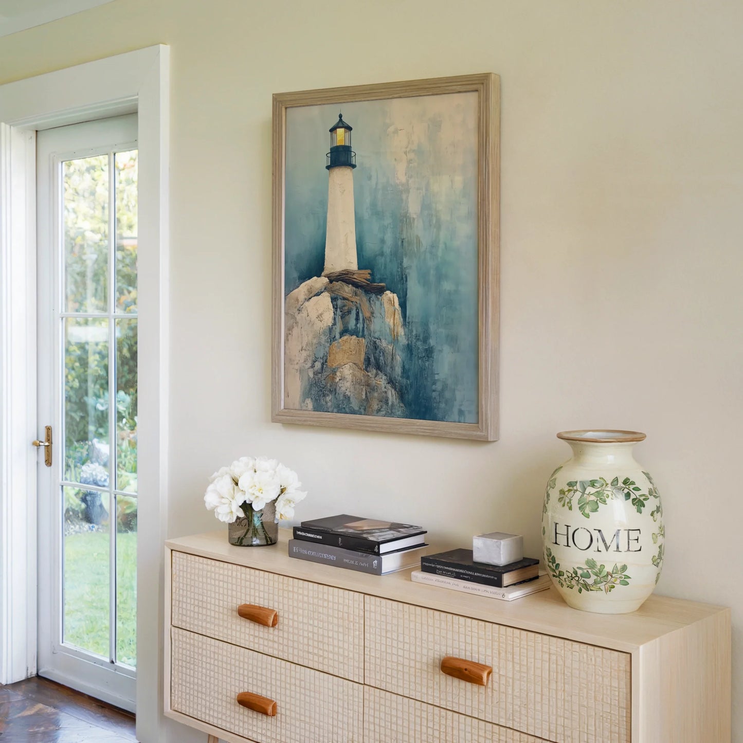 Lighthouse Painting Storm Cliffs Golden Beacon in room