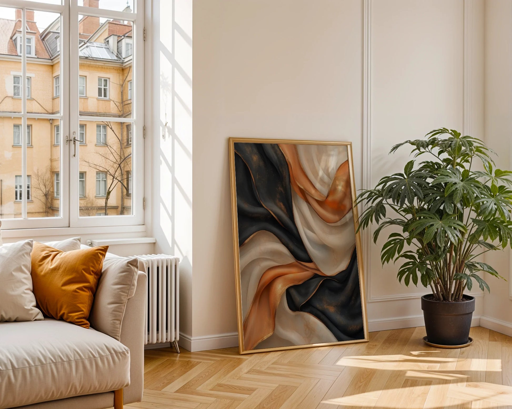 Copper Black Flowing Silk Ribbons Luxury Canvas Wall Art — Sophisticated artwork displaying molten metal waves flowing across dark backdrop in curated interior