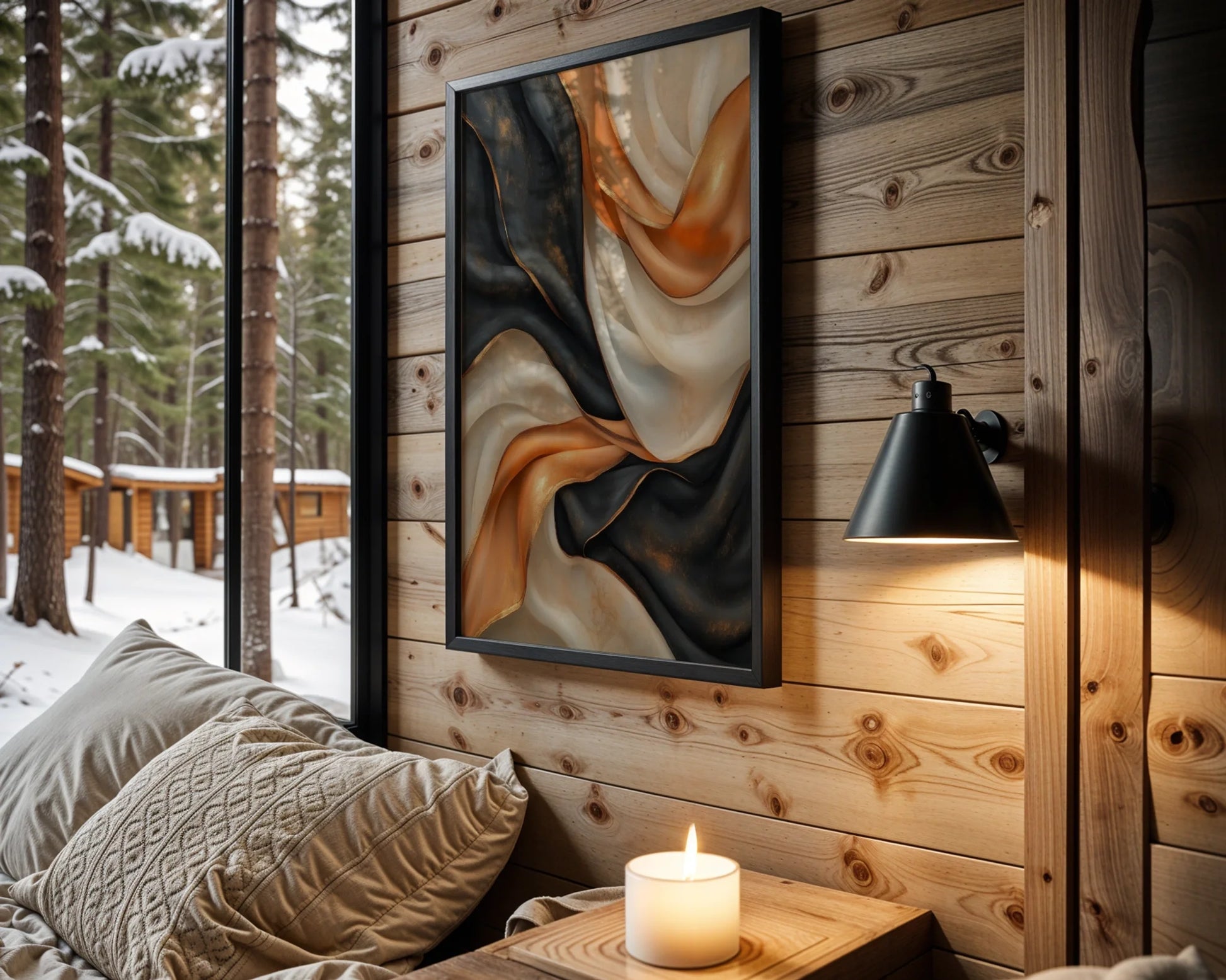 Copper Black Flowing Silk Ribbons Luxury Canvas Wall Art — Artistic canvas print capturing liquid gold movement through shadowy depths for stylish interiors